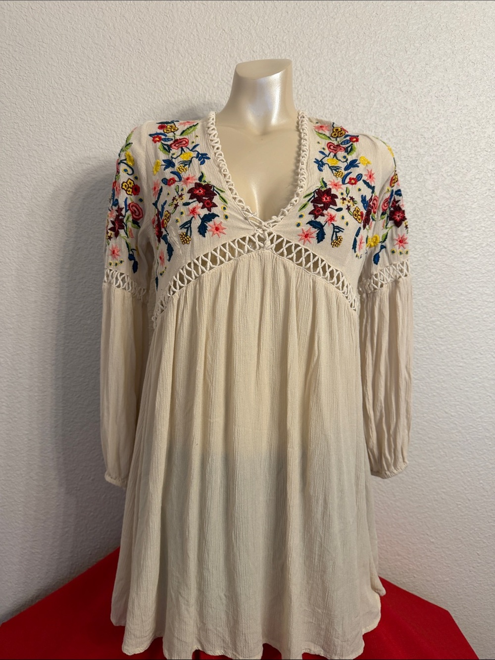 En Creme Cream Embroidered Boho Mini Dress